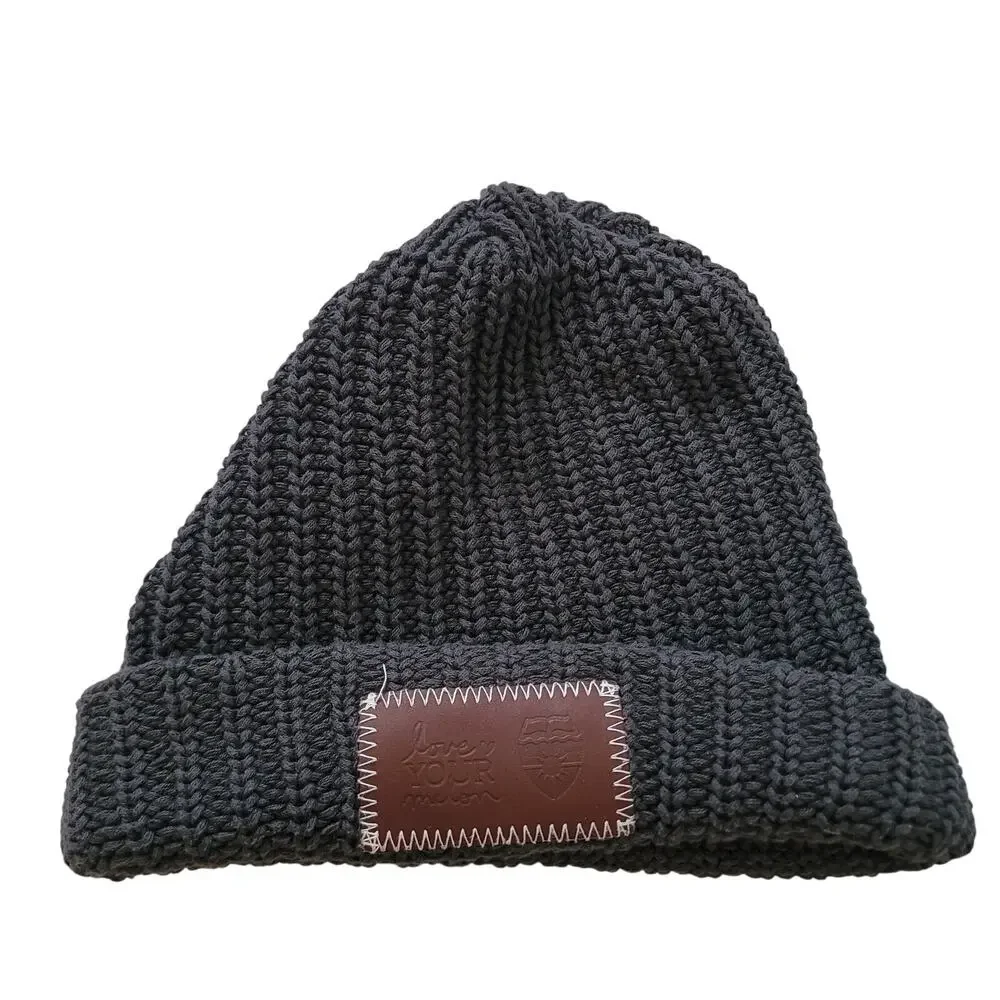 Love Your Melon Size OS Beanie‎ Women Charcoal Gray Cuffed Leather Patch Knit